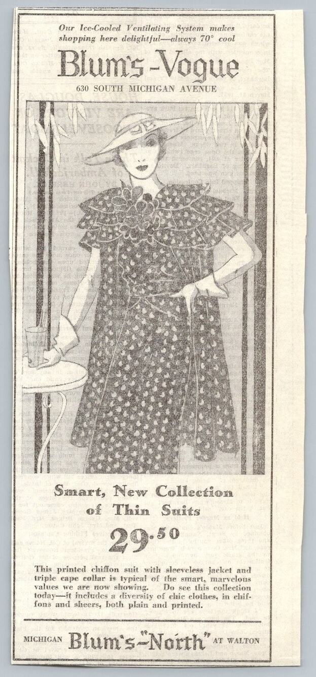 1930s Chicago Blum's Vogue Fashion Ad Vintage Newspaper Ephemera Thin Suit